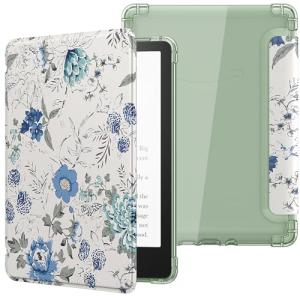 MoKo Case for 6.8" Paperwhite 11th Gen 2021& Paperwhite Signature Edition, Ultra Clear Soft Flexible Transparent TPU Back Cover Light Shell with Auto Wake/Sleep, Not fit Kobo & BOOX, White Blue Floral