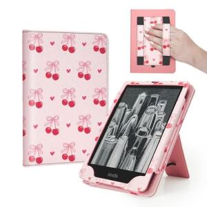 Pink Cherry Bow Case for 7"/6.8" eReaders,Compatible with Kindle Paperwhite 12th/11th Gen,MEEBOOK,Pocketbook,Colorsoft, Cute Stand Hand Strap Book Cover Sleeve Ebook Gifts Accessories 2024 2025