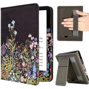 KEROM Case for 7"/6.8" Kindle Paperwhite (12th/11th Gen, 2024/2021), Kindle Colorsoft Signature Edition Case, PU Leather Foldable Stand Cover with Hand Strap & Auto Wake/Sleep, Flowers