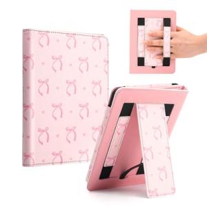Pink Bow Case for 7"/ 6.8“ Kindle Paperwhite 12th/11th Generation,Hand Strap Stand Book Cover Sleeve for Kindle Colorsoft Signature Edtion,2025 Cute Coquette Ereader Ebook Gifts