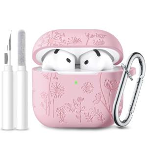 Lerobo for Airpods 4 Case Cover with Cleaner Kit, Cute Flower Engraved Silicone Protective Case Cover with Keychain Compatible with Apple Airpods 4 Case 2024 for Women and Girls, Pink