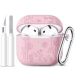 Lerobo for Airpods 4 Case Cover with Cleaner Kit, Cute Flower Engraved Silicone Protective Case Cover with Keychain Compatible with Apple Airpods 4 Case 2024 for Women and Girls, Pink