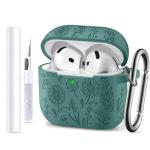 for Airpods 4 Case, DaQin Flower Engraved Case Compatible with Apple Airpods 4th Generation Cases for Women, Cute Soft Silicone Full Protective Cases Cover with Cleaner Kit & Keychain, PineGreen