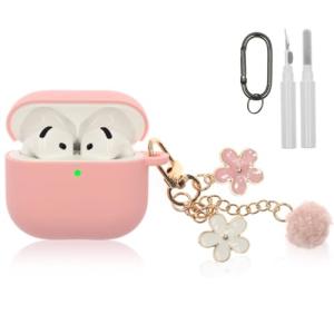Compatible with AirPods 4 Case, Premium Soft Silicone Protective Case Cover for Apple AirPods 4th Generation with Cleaner Kit Keychain Accessories for Women Girls (Pink, for AirPod 4 case)