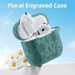 for Airpods 4 Case, DaQin Flower Engraved Case Compatible with Apple Airpods 4th Generation Cases for Women, Cute Soft Silicone Full Protective Cases Cover with Cleaner Kit & Keychain, PineGreen
