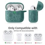 for Airpods 4 Case, DaQin Flower Engraved Case Compatible with Apple Airpods 4th Generation Cases for Women, Cute Soft Silicone Full Protective Cases Cover with Cleaner Kit & Keychain, PineGreen