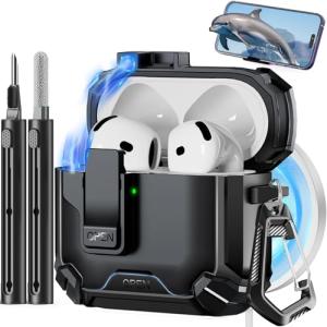 Pohgelan Compatible with AirPods 4th Case,Magnetic Automatic Lock with Phone Stand & Cleaning Kit,Compatible with Magsafe Cover -Black