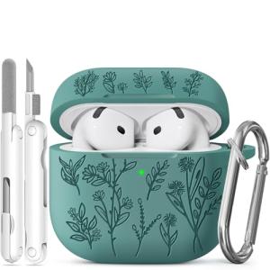 for Airpods 4 Case, Ekoonpft Flower Engraved Cases for Apple AirPods 4th Generation 2024, Soft Silicone Cover for Women Girly with 3-in-1 Cleaning Kit & Keychain, Anti-Scratch, Shockproof