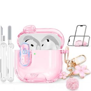 Skyconser with Safety Lock for Apple AirPods 4 Case 2024,Clear Cases with Phone Stand & Cleaning Kit,Soft TPU Cover for AirPods 4th Generation Case,Cute Bling Keychain for Women Girls-Clear Pink
