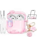 Skyconser with Safety Lock for Apple AirPods 4 Case 2024,Clear Cases with Phone Stand & Cleaning Kit,Soft TPU Cover for AirPods 4th Generation Case,Cute Bling Keychain for Women Girls-Clear Pink