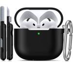 RFUNGUANGO for AirPods 4 Case with Cleaner Kit, Earphone Anti-Lost Strap and Keychain, Soft Silicone Protective Cover for Apple AirPods 4th Generation Case, Support Wireless Charging, Black