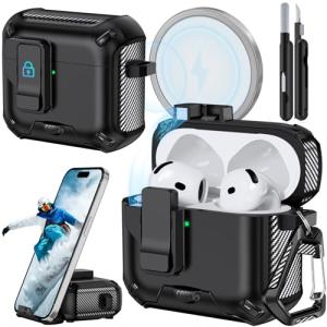 JOREMX for AirPods 4 Case (2024) with Phone Stand,with Automatic Snap Switch Carbon Fiber Design Protection Cover for Airpods 4 with Active Noise Cancellation Charging with Cleaning Pen (Black)