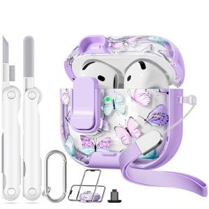 Skyconser with Safety Lock for Apple AirPods 4 Case,Clear Floral Cute AirPod 4th Generation Case with Phone Stand & Cleaning Kit for Women Girly-Purple+Butterfly