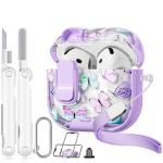 Skyconser with Safety Lock for Apple AirPods 4 Case,Clear Floral Cute AirPod 4th Generation Case with Phone Stand & Cleaning Kit for Women Girly-Purple+Butterfly
