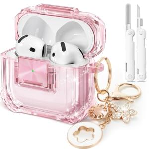 with Safety Lock for Airpods 4 Case 2024,Clear Cases Compatible with Airpods 4th Generation Case,Soft TPU iPod 4 Case with Unique Cute Bling Keychain and Cleaner kit for Women Girls-Clear Pink