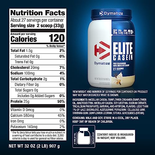 Dymatize Elite Micellar Casein Protein Powder, Vanilla, 32 Oz