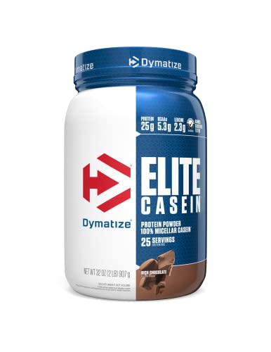 Dymatize Elite Casein Protein Powder, Slow Absorbing with Muscle Building Amino Acids, 100% Micellar, 25 g Protein, 5.3 g BCAAs & 2.3 g Leucine, Helps Overnight Recovery, Rich Chocolate, 32 Oz