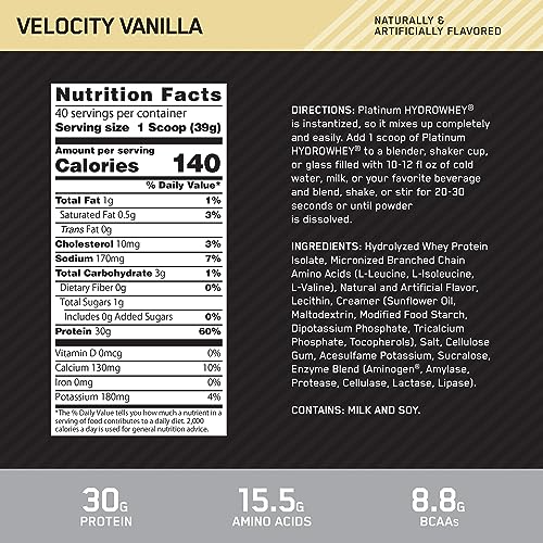 Optimum Nutrition Platinum Hydrowhey Protein Powder, 100% Hydrolyzed Whey Isolate Powder, Flavor: Velocity Vanilla, 3.5 Pounds (Packaging May Vary)