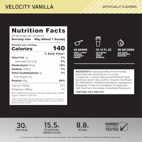 Optimum Nutrition Platinum Hydrowhey, Velocity Vanilla, 1.75-Pound (Pack of 2)