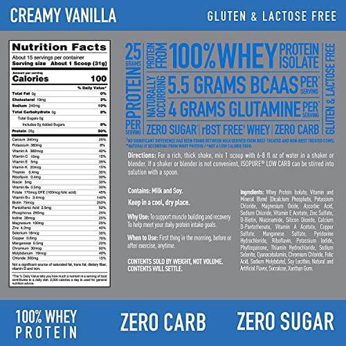 Isopure Creamy Vanilla Whey Isolate Protein Powder with Vitamin C & Zinc for Immune Support, 25g Protein, Zero Carb & Keto Friendly, 1 Pound (Packaging May Vary)