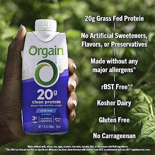 Orgain Clean Protein Shake, Grass Fed Dairy, Vanilla Bean - 20g Whey Protein, Meal Replacement, Ready to Drink, Gluten Free, Soy Free, Kosher, 11 Fl Oz (Pack of 12) (Packaging May Vary)