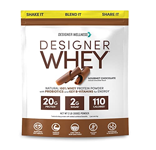 Designer Wellness, Designer Whey, Natural Protein Powder with Probiotics, Fiber, and Key B-Vitamins for Energy, Gluten-Free, Gourmet Chocolate, 2 lb