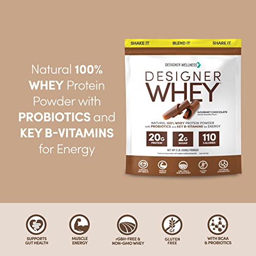 Designer Wellness, Designer Whey, Natural Protein Powder with Probiotics, Fiber, and Key B-Vitamins for Energy, Gluten-Free, Gourmet Chocolate, 2 lb
