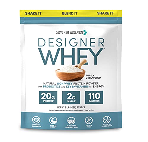 Designer Wellness, Designer Whey, Natural Protein Powder with Probiotics, Fiber, and Key B-Vitamins for Energy, Gluten-Free, Purely Unflavored, 2 lb