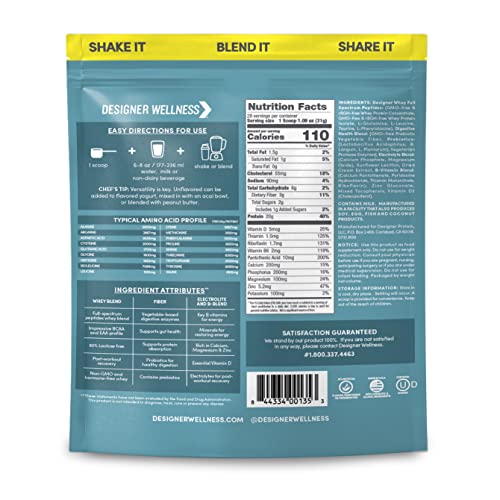 Designer Wellness, Designer Whey, Natural Protein Powder with Probiotics, Fiber, and Key B-Vitamins for Energy, Gluten-Free, Purely Unflavored, 2 lb