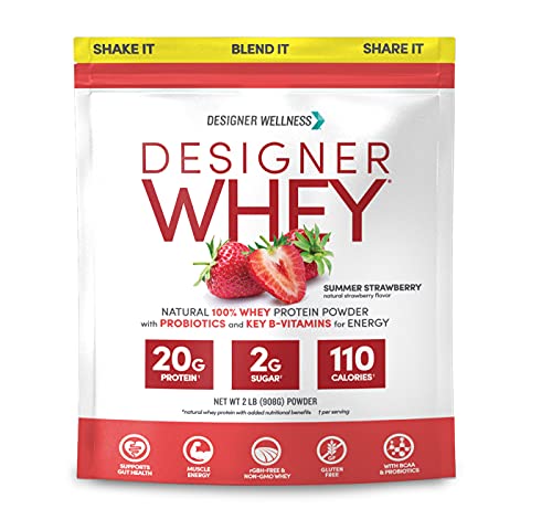 Designer Wellness Designer Whey Natural 100% Whey Protein Powder with Probiotics, Fiber, and Key B-Vitamins for Energy, Gluten-free, Non-GMO, Summer Strawberry 2 lb