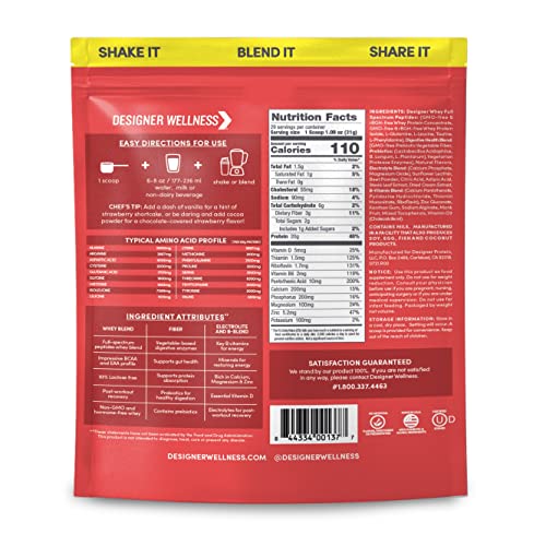 Designer Wellness Designer Whey Natural 100% Whey Protein Powder with Probiotics, Fiber, and Key B-Vitamins for Energy, Gluten-free, Non-GMO, Summer Strawberry 2 lb