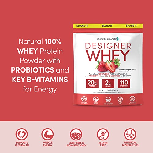 Designer Wellness Designer Whey Natural 100% Whey Protein Powder with Probiotics, Fiber, and Key B-Vitamins for Energy, Gluten-free, Non-GMO, Summer Strawberry 2 lb