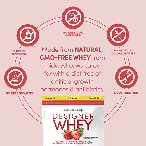 Designer Wellness Designer Whey Natural 100% Whey Protein Powder with Probiotics, Fiber, and Key B-Vitamins for Energy, Gluten-free, Non-GMO, Summer Strawberry 2 lb