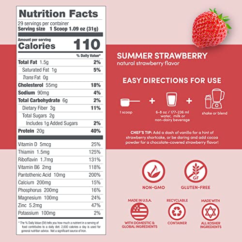 Designer Wellness Designer Whey Natural 100% Whey Protein Powder with Probiotics, Fiber, and Key B-Vitamins for Energy, Gluten-free, Non-GMO, Summer Strawberry 2 lb