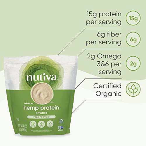 Nutiva Organic Cold-Pressed Raw Hemp Seed Protein Powder, Peak Protein, 3 Pound, USDA Organic, Non-GMO, Whole 30 Approved, Vegan, Gluten-Free & Keto, Plant Protein with Essential Amino Acids