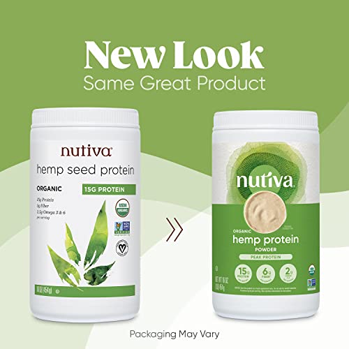 Nutiva Organic Cold-Pressed Raw Hemp Seed Protein Powder, Peak Protein, 16 Ounce, USDA Organic, Non-GMO, Whole 30 Approved, Vegan, Gluten-Free & Keto, Plant Protein with Essential Amino Acids