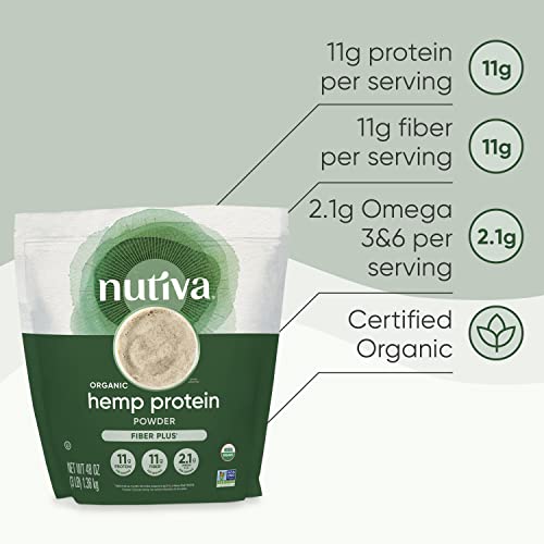 Nutiva USDA Organic Cold-Pressed Raw Hemp Seed Plant Protein with Hi-Fiber and Essential Amino Acids Powder, Non-GMO, Whole 30 Approved, Vegan, Gluten-Free & Keto, 3 Pound