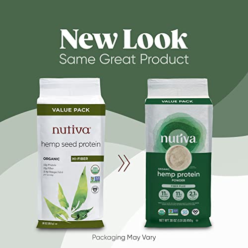 Nutiva USDA Organic Cold-Pressed Raw Hemp Seed Plant Protein with Hi-Fiber and Essential Amino Acids Powder, Non-GMO, Whole 30 Approved, Vegan, Gluten-Free & Keto, 30 Ounce