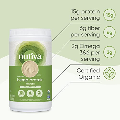 Nutiva Organic Cold-Pressed Raw Hemp Seed Protein Powder, Peak Protein, 16 Ounce, USDA Organic, Non-GMO, Whole 30 Approved, Vegan, Gluten-Free & Keto, Plant Protein with Essential Amino Acids