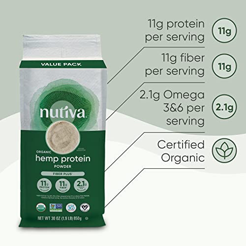 Nutiva USDA Organic Cold-Pressed Raw Hemp Seed Plant Protein with Hi-Fiber and Essential Amino Acids Powder, Non-GMO, Whole 30 Approved, Vegan, Gluten-Free & Keto, 30 Ounce