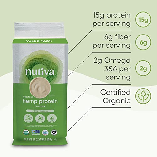 Nutiva Organic Cold-Pressed Raw Hemp Seed Protein Powder, Peak Protein, 30 Oz, USDA Organic, Non-GMO, Whole 30 Approved, Vegan, Gluten-Free & Keto, Plant Protein with Essential Amino Acids