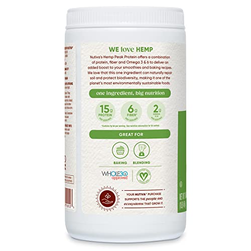 Nutiva Organic Cold-Pressed Raw Hemp Seed Protein Powder, Peak Protein, 16 Ounce, USDA Organic, Non-GMO, Whole 30 Approved, Vegan, Gluten-Free & Keto, Plant Protein with Essential Amino Acids