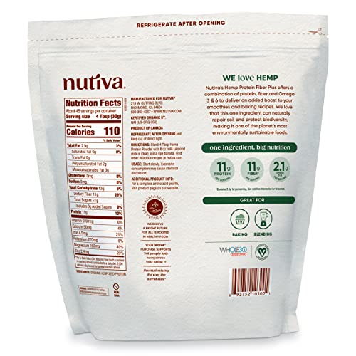 Nutiva USDA Organic Cold-Pressed Raw Hemp Seed Plant Protein with Hi-Fiber and Essential Amino Acids Powder, Non-GMO, Whole 30 Approved, Vegan, Gluten-Free & Keto, 3 Pound