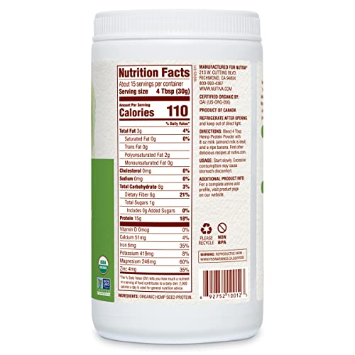 Nutiva Organic Cold-Pressed Raw Hemp Seed Protein Powder, Peak Protein, 16 Ounce, USDA Organic, Non-GMO, Whole 30 Approved, Vegan, Gluten-Free & Keto, Plant Protein with Essential Amino Acids