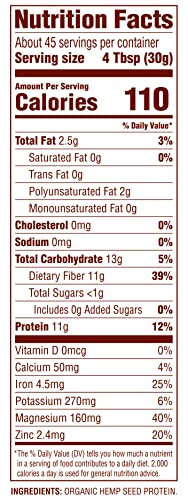 Nutiva USDA Organic Cold-Pressed Raw Hemp Seed Plant Protein with Hi-Fiber and Essential Amino Acids Powder, Non-GMO, Whole 30 Approved, Vegan, Gluten-Free & Keto, 3 Pound