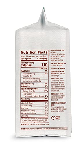 Nutiva Organic Cold-Pressed Raw Hemp Seed Protein Powder, Peak Protein, 30 Oz, USDA Organic, Non-GMO, Whole 30 Approved, Vegan, Gluten-Free & Keto, Plant Protein with Essential Amino Acids