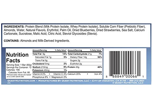 Quest Nutrition Protein Bar, Mixed Berry Bliss, High Protein Bars, Low Carb Bars, Gluten Free, Soy Free, 2.1 oz Bar, 12 Count, Packaging May Vary