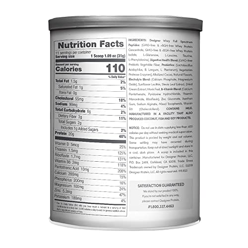 Designer Wellness Designer Whey Natural 100% Whey Protein Powder with Probiotics , Fiber, and Key B-Vitamins for Energy, Gluten-free, Non-GMO, French Vanilla 12 oz