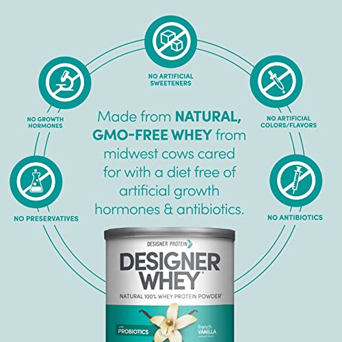 Designer Wellness Designer Whey Natural 100% Whey Protein Powder with Probiotics , Fiber, and Key B-Vitamins for Energy, Gluten-free, Non-GMO, French Vanilla 12 oz