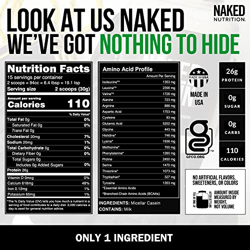 NAKED nutrition Naked Casein - 1Lb Micellar Casein Protein - Bulk, GMO-Free, Gluten Free, Soy Free, Preservative Free - Stimulate Muscle Growth - Enhance Recovery - 15 Servings